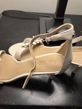 Ralph Lauren Cream Floral Ankle-Strap Heels